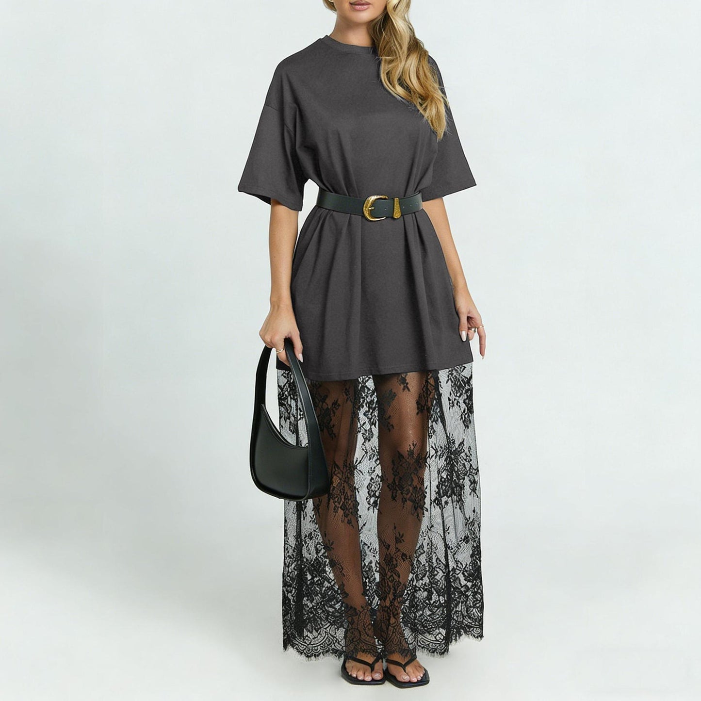 Stylish T-shirt and lace maxi skirt