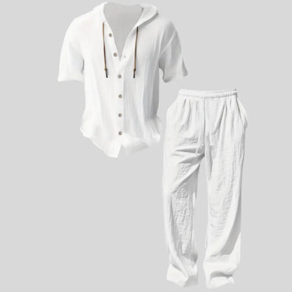 Men’s lightweight two-piece set with a hood, casual vacation style, loose and breathable thin fabric, hooded sweatshirt and wide-leg pants, for summer wear