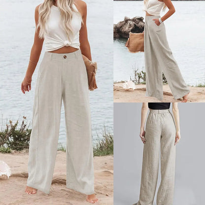 Women's Cotton Linen Wide Leg PantsCasual Button Up High Waisted Trousers LooseComfy Spring Summer Womenswear