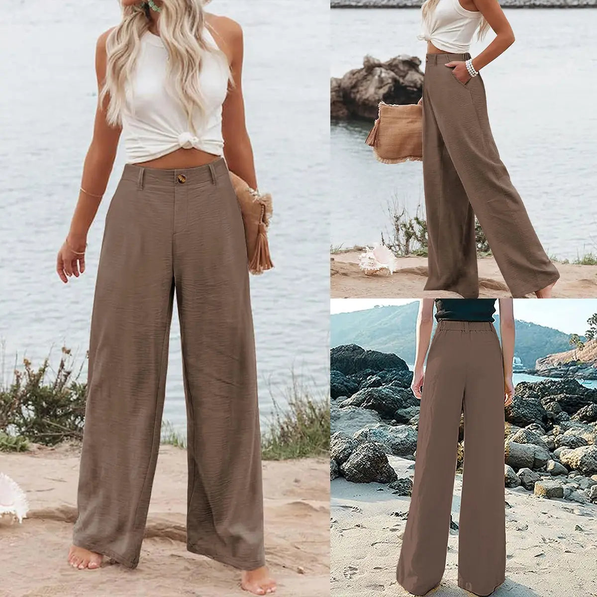 Women's Cotton Linen Wide Leg PantsCasual Button Up High Waisted Trousers LooseComfy Spring Summer Womenswear