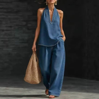 Collared button-down denim top and wide-leg jeans