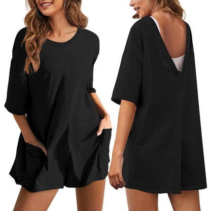 Omoone Women's Oversized Athletic JumpsuitCasual Romper Overall Workout Tee Hot ShortRomper