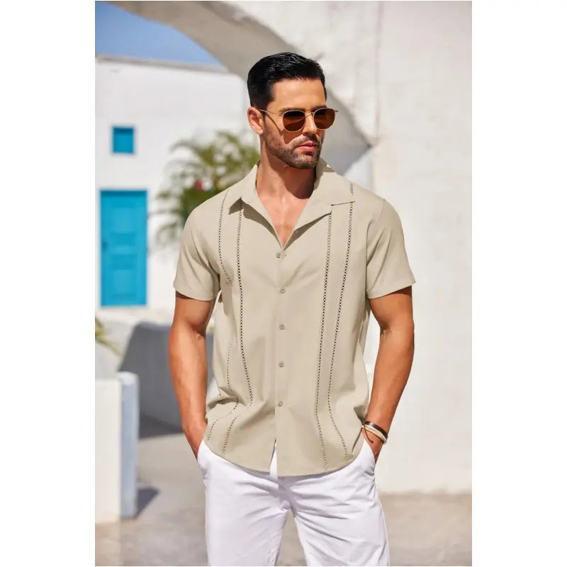 COOFANDY Men's Cuban Guayabera ShirtShort Sleeve V-Neck Button Down CasualSummer Beach Linen Top Fitted BreathableSoft Fabric