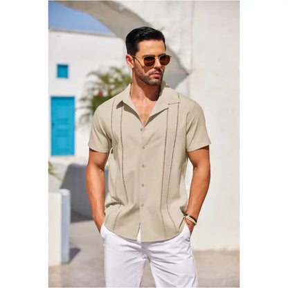 COOFANDY Men's Cuban Guayabera ShirtShort Sleeve V-Neck Button Down CasualSummer Beach Linen Top Fitted BreathableSoft Fabric
