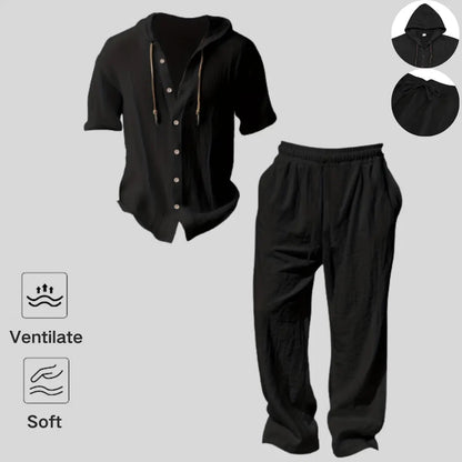 Men’s lightweight two-piece set with a hood, casual vacation style, loose and breathable thin fabric, hooded sweatshirt and wide-leg pants, for summer wear