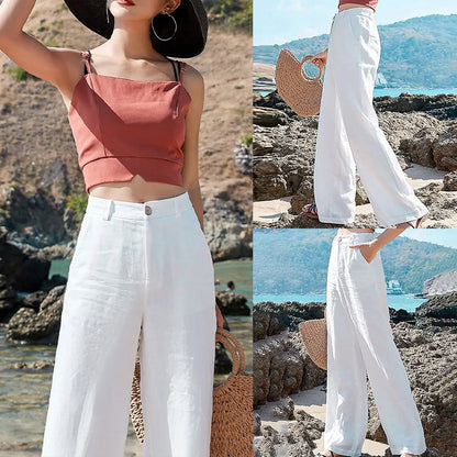 Women's Cotton Linen Wide Leg PantsCasual Button Up High Waisted Trousers LooseComfy Spring Summer Womenswear