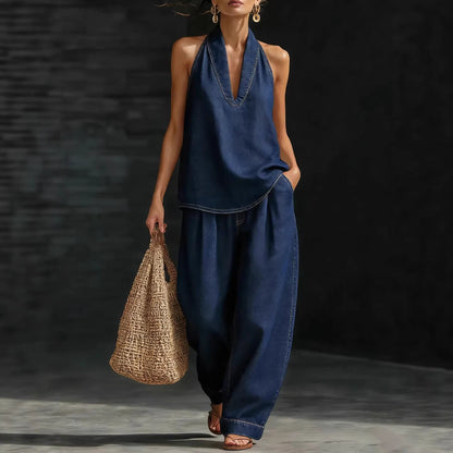Collared button-down denim top and wide-leg jeans
