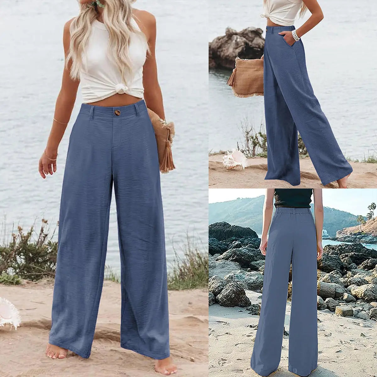 Women's Cotton Linen Wide Leg PantsCasual Button Up High Waisted Trousers LooseComfy Spring Summer Womenswear