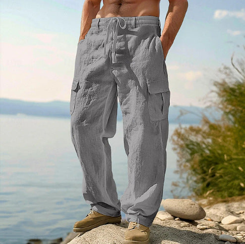 Men's Linen Cargo Pants Casual Summer Beach Pants