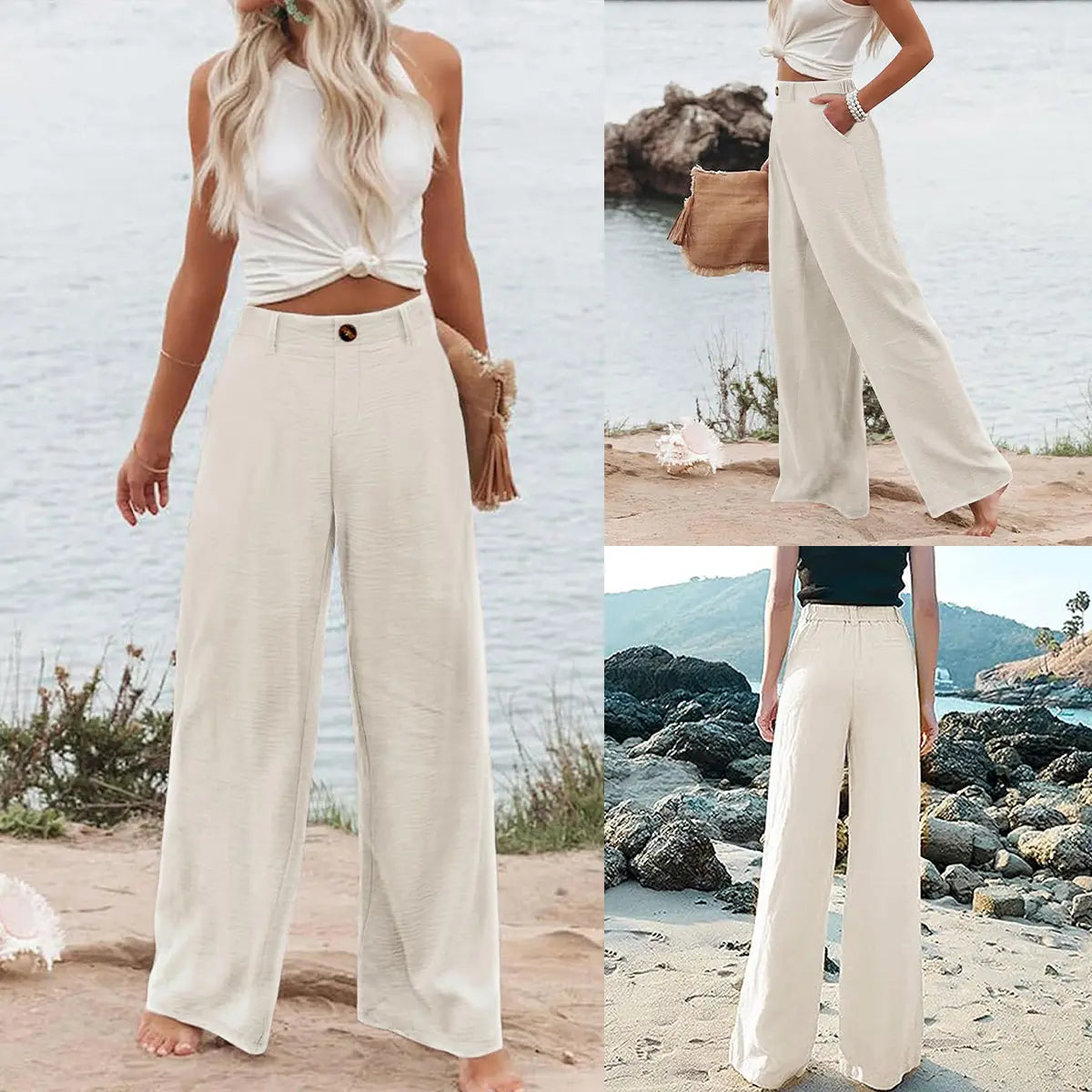 Women's Cotton Linen Wide Leg PantsCasual Button Up High Waisted Trousers LooseComfy Spring Summer Womenswear