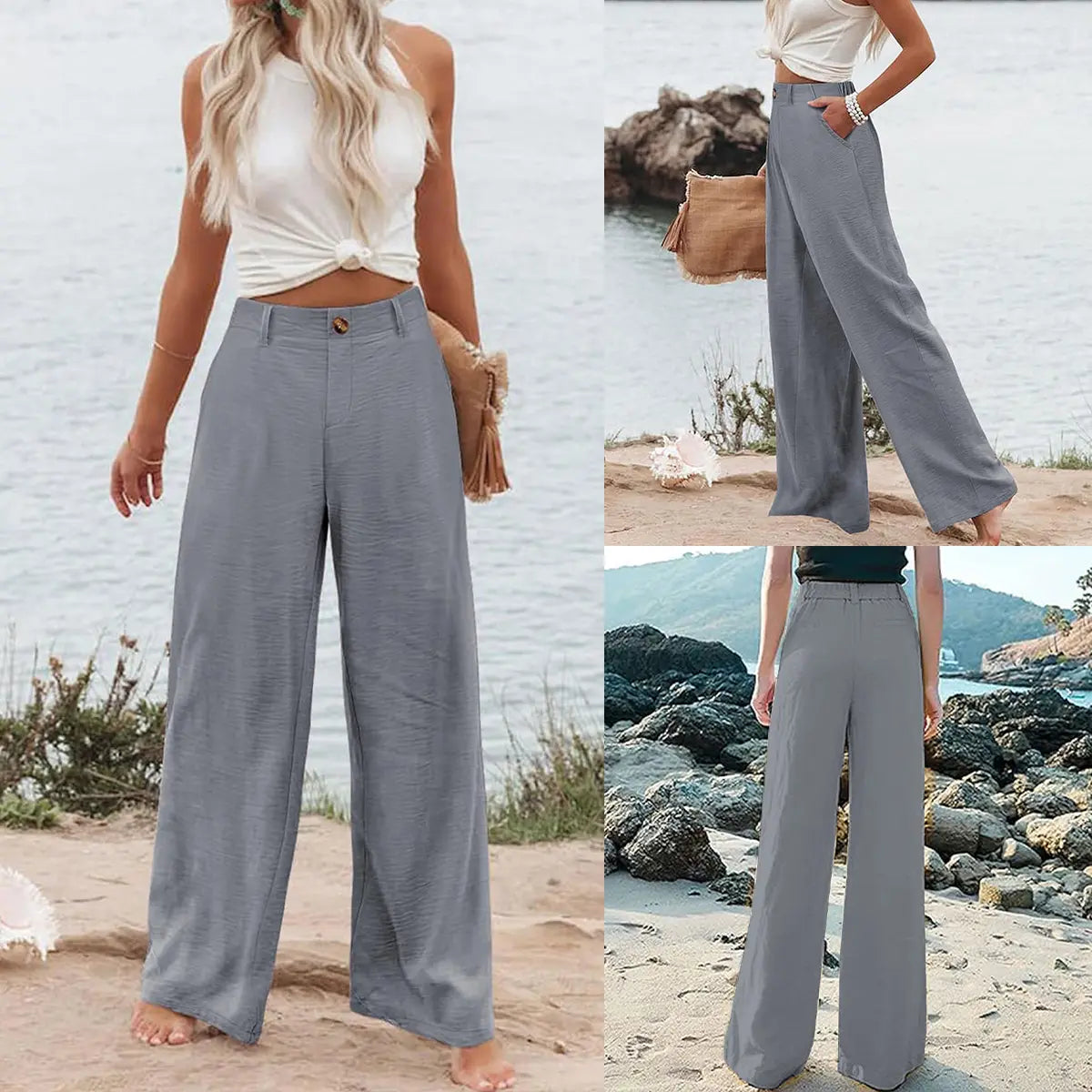 Women's Cotton Linen Wide Leg PantsCasual Button Up High Waisted Trousers LooseComfy Spring Summer Womenswear