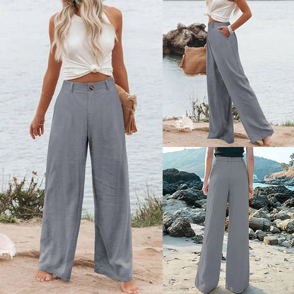 Women's Cotton Linen Wide Leg PantsCasual Button Up High Waisted Trousers LooseComfy Spring Summer Womenswear