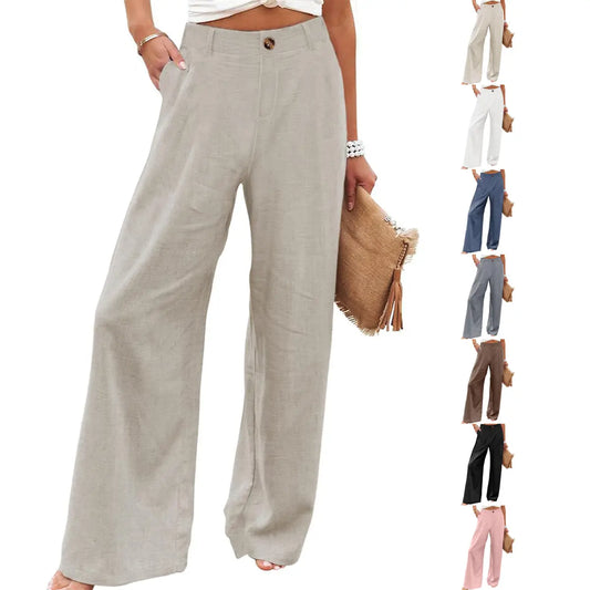 Women's Cotton Linen Wide Leg PantsCasual Button Up High Waisted Trousers LooseComfy Spring Summer Womenswear
