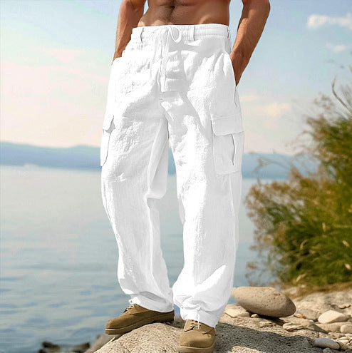 Men's Linen Cargo Pants Casual Summer Beach Pants