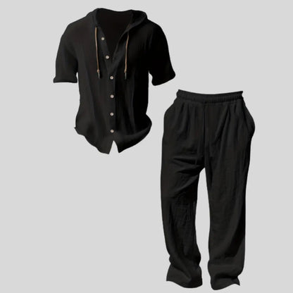 Men’s lightweight two-piece set with a hood, casual vacation style, loose and breathable thin fabric, hooded sweatshirt and wide-leg pants, for summer wear