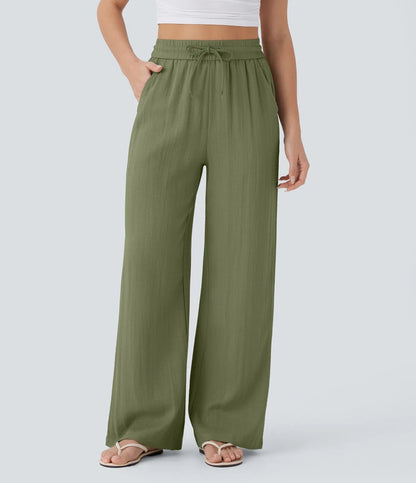 🔥 Best Seller | High Waisted Drawstring Wide Leg Casual Soft Touch Trousers with Side Pockets
