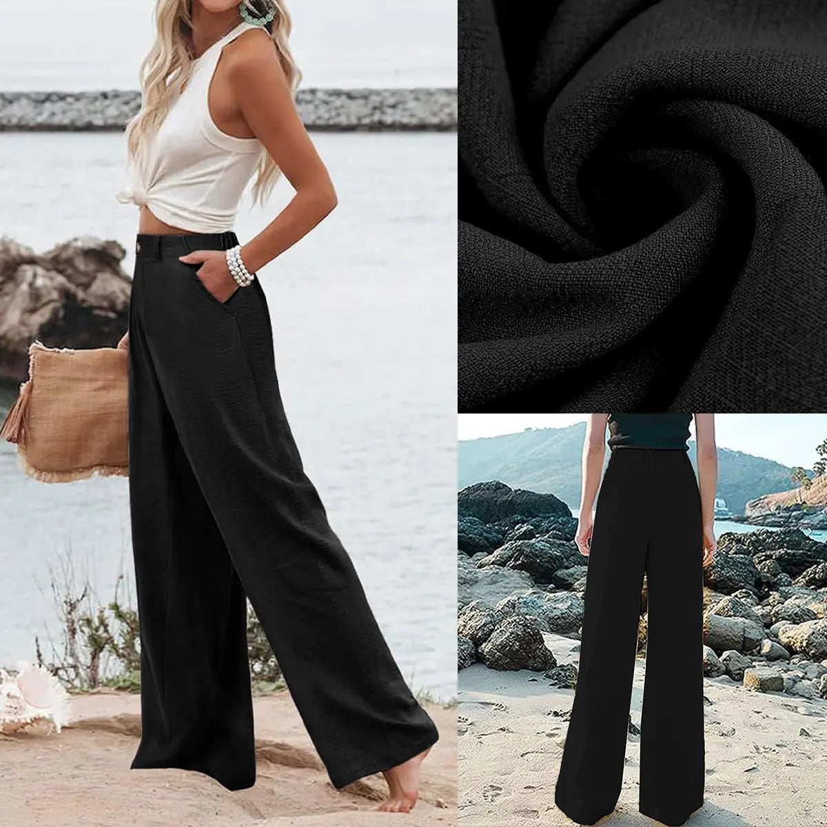 Women's Cotton Linen Wide Leg PantsCasual Button Up High Waisted Trousers LooseComfy Spring Summer Womenswear