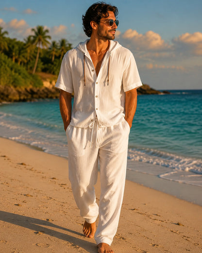 Men’s lightweight two-piece set with a hood, casual vacation style, loose and breathable thin fabric, hooded sweatshirt and wide-leg pants, for summer wear